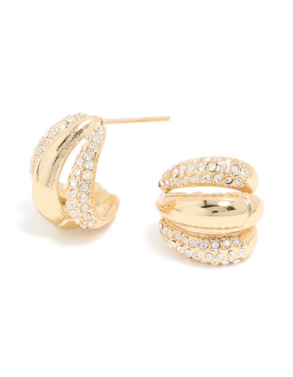 Showcasing waterproof statement hoop earrings crafted from gold plated stainless steel featuring diamante trio illusion design with clear accents front view