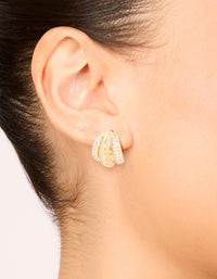 Waterproof Gold Plated Stainless Steel Diamante Trio Illusion Hoop Earrings - link has visual effect only
