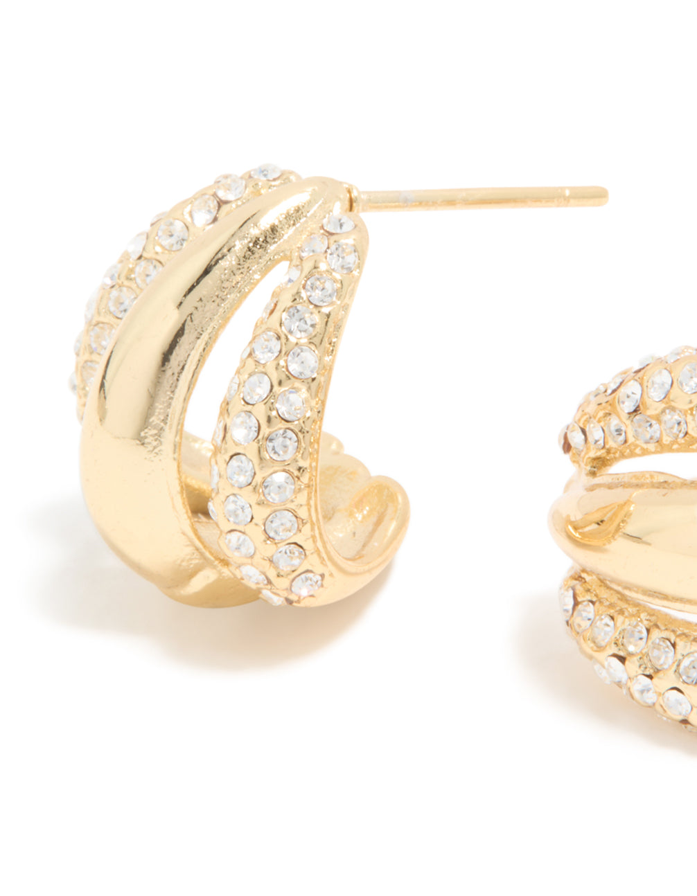 Highlighting waterproof gold plated stainless steel diamante trio illusion hoop earrings with statement design and clear accents close up view