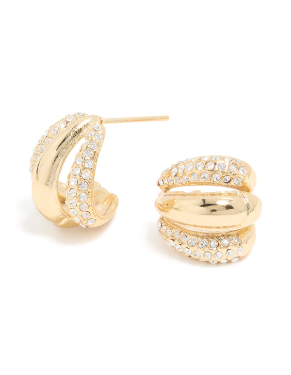 Waterproof Gold Plated Stainless Steel Diamante Trio Illusion Hoop Earrings