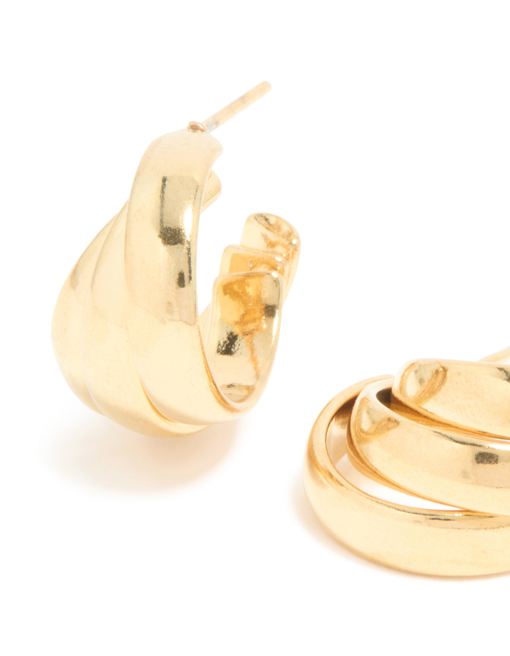 Crafted from waterproof gold plated stainless steel triple wrapped illusion hoop earrings in statement style close up view