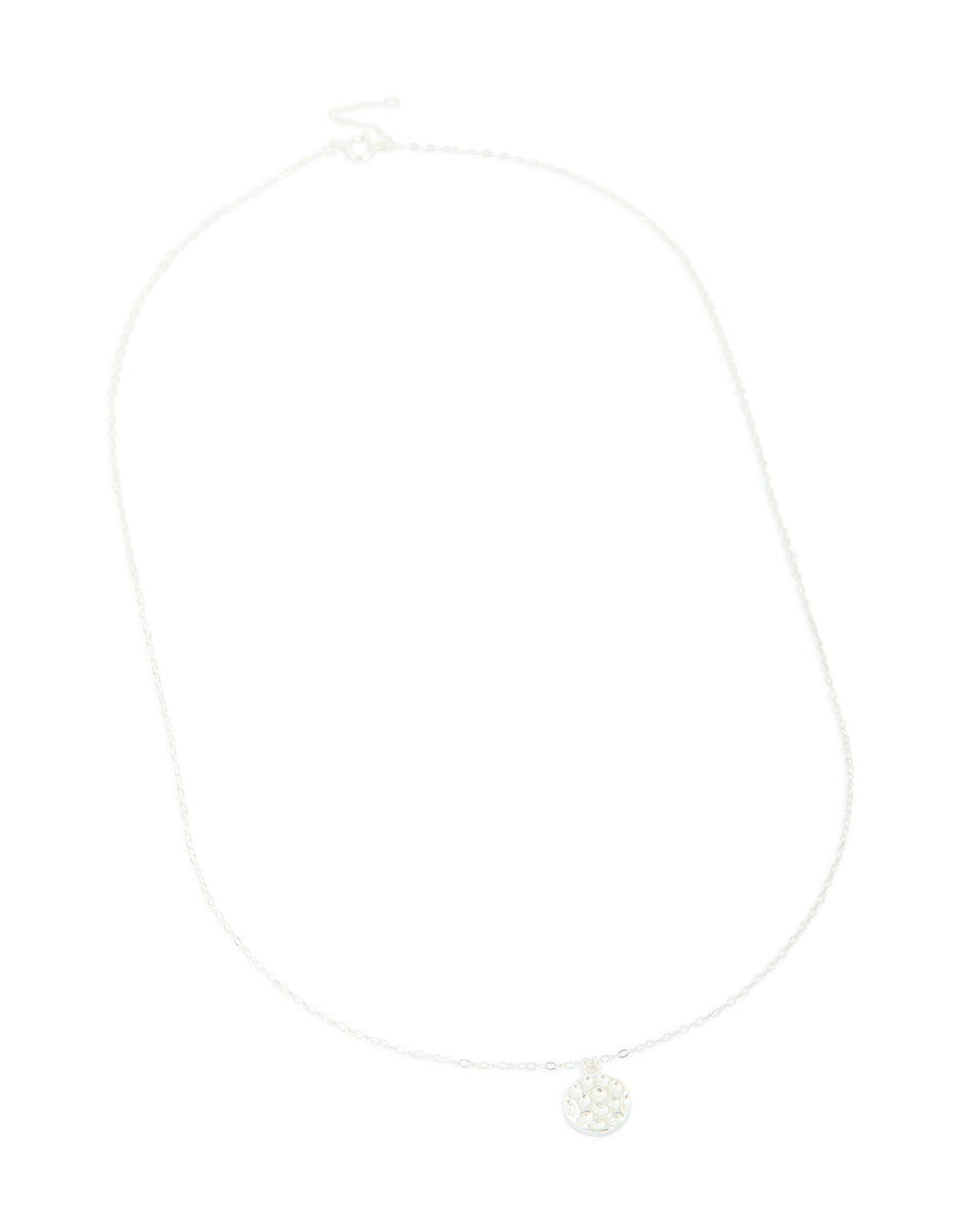 Featuring a sterling silver molten round pendant necklace close up view