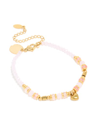 Discover waterproof gold plated stainless steel rose quartz semi precious mini heart bracelet featuring beads, charm, and dainty design front view - link has visual effect only