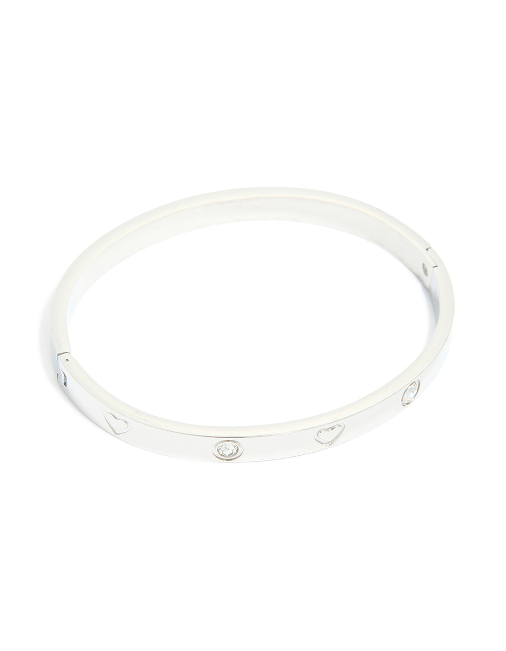 Showcasing a waterproof stainless steel cubic zirconia heart bangle in silver front view