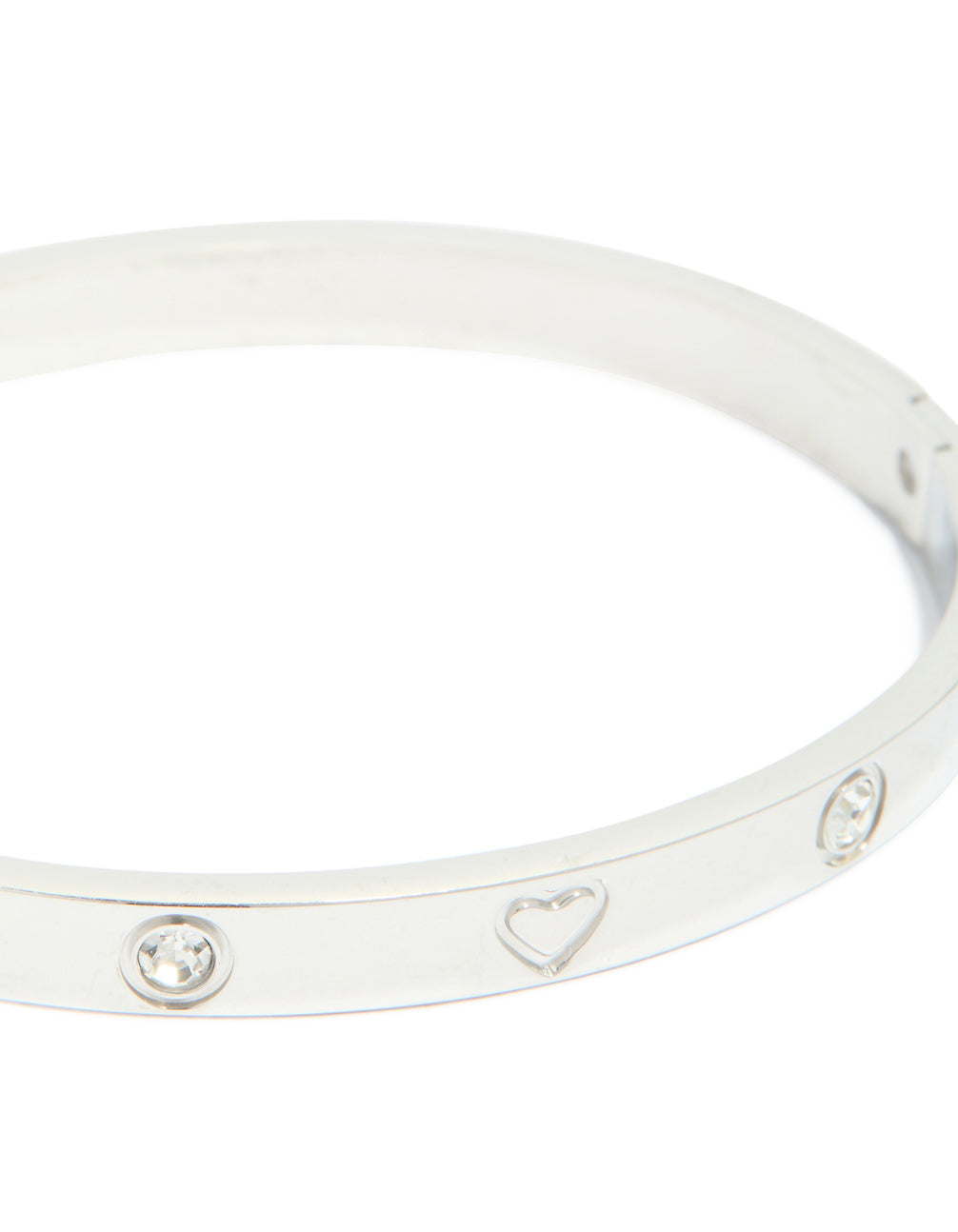 Designed with waterproof stainless steel cubic zirconia heart bangle in silver close up view