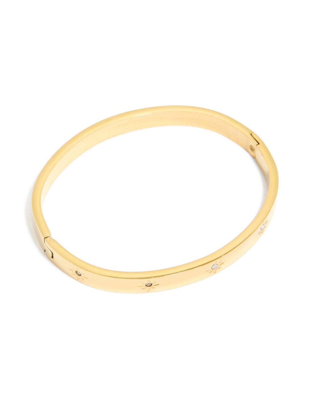 Featuring a waterproof gold plated stainless steel celestial cubic zirconia hinged sunburst statement bangle front view