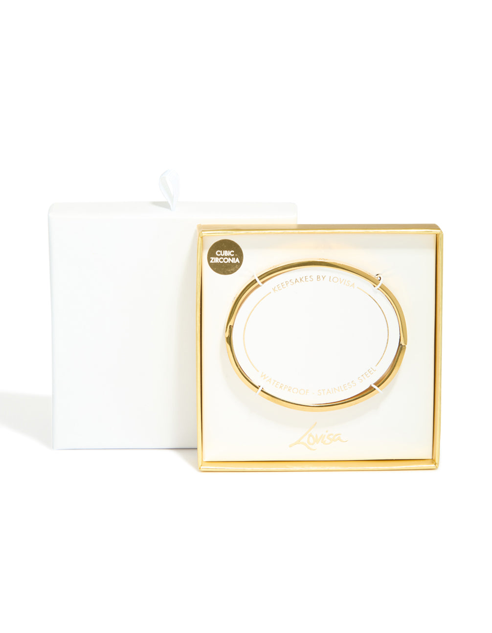 Displaying a waterproof gold plated stainless steel celestial cubic zirconia hinged sunburst statement bangle closure detail view