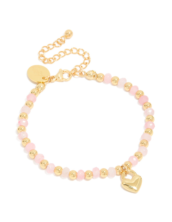 Waterproof Gold Plated Stainless Steel & Pink  Beaded Heart Charm Bracelet