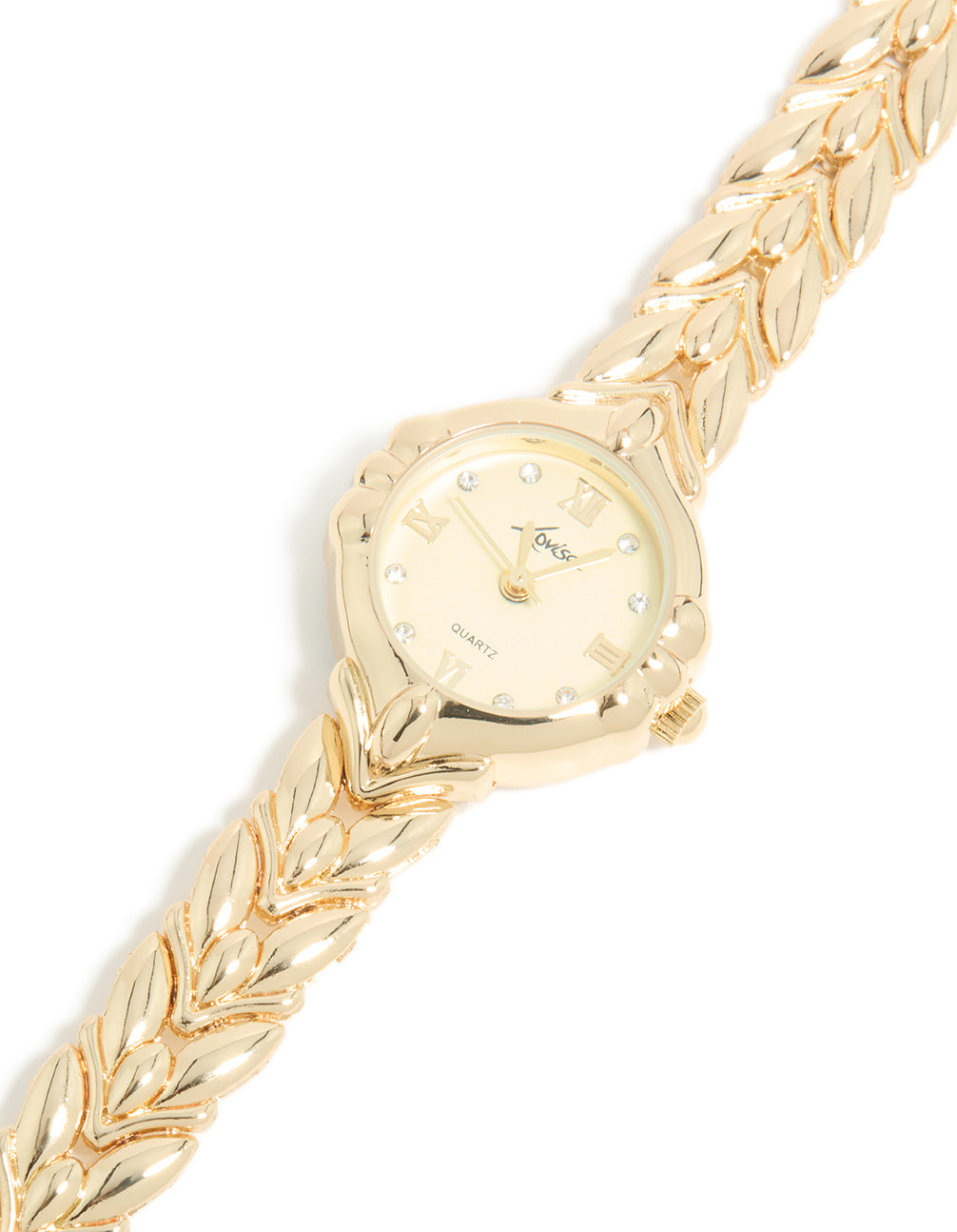 Crafted from gold featuring a vintage watch with leaf detailing, gold dial displaying Roman numerals in a round shape, designed for women's casual occasions with link-band strap and analog type watch face detail view