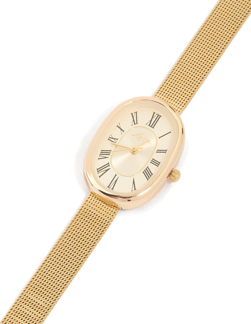 Showcasing a gold vintage mesh oval face watch with beige dial roman numerals designed for women featuring formal analog styling watch face detail view