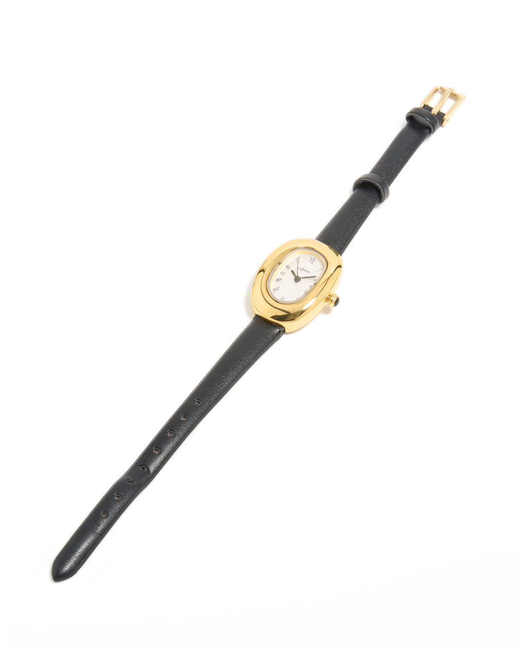 Featuring a women's analog watch with white dial showcasing roman numerals in a oval case, designed with casual styling, crafted from PU leather strap in black front view