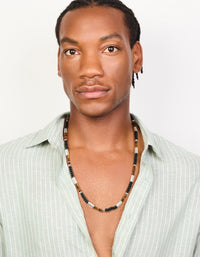 Mens Waterproof Stainless Steel Tigers Eye Semi Precious Stone & Black Beaded Necklace - link has visual effect only