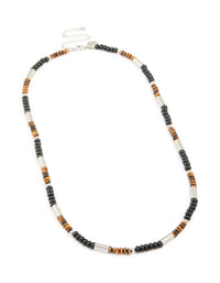 Mens Waterproof Stainless Steel Tigers Eye Semi Precious Stone & Black Beaded Necklace - link has visual effect only