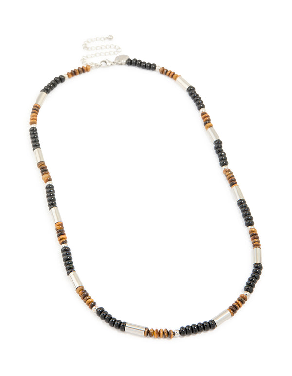 Mens Waterproof Stainless Steel Tigers Eye Semi Precious Stone & Black Beaded Necklace
