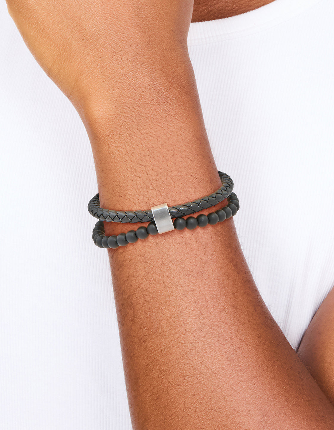 Mens Waterproof Stainless Steel Braided & Beaded Bracelet