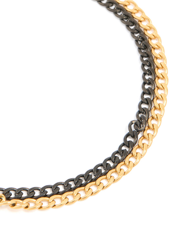 Mens Waterproof Gold Plated Stainless Steel & Black Coated Metal Double Chain Bracelet