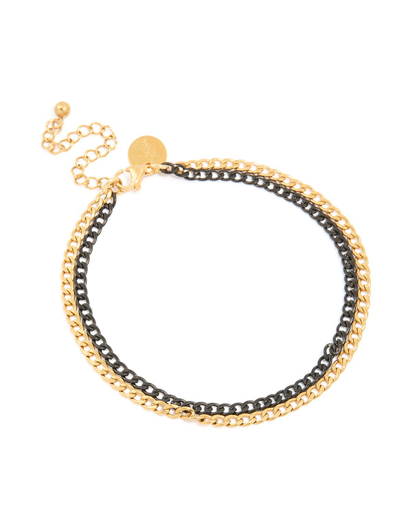 Mens Waterproof Gold Plated Stainless Steel & Black Coated Metal Double Chain Bracelet