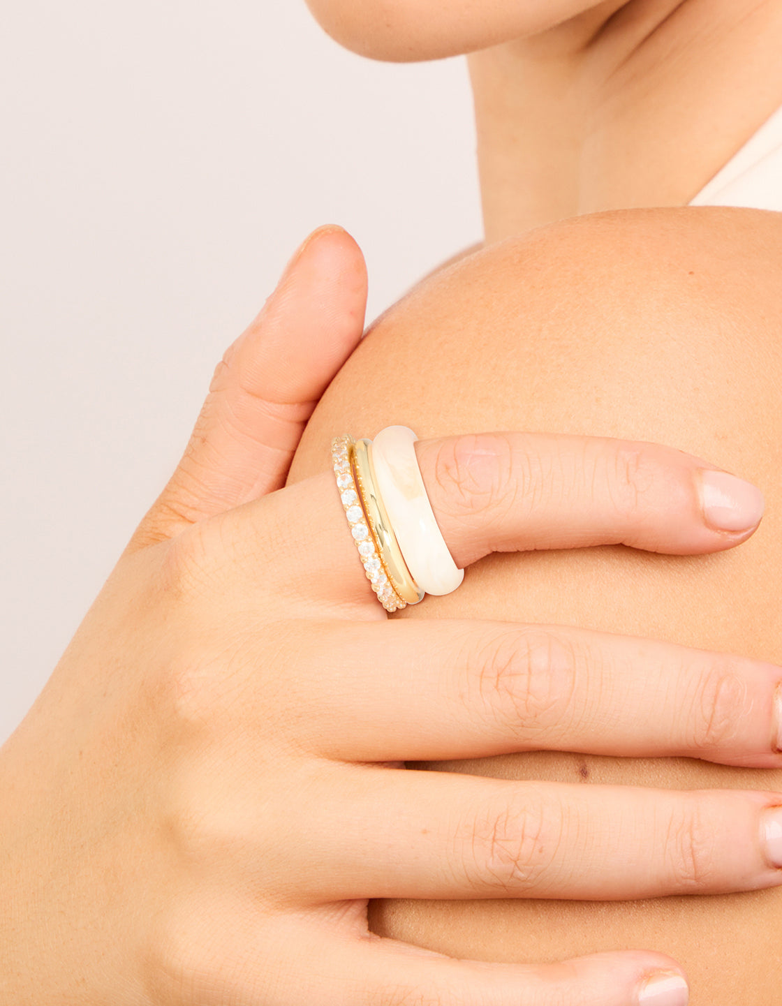 Gold Plated Pink Acrylic & Cubic Zirconia Rings 3-Pack