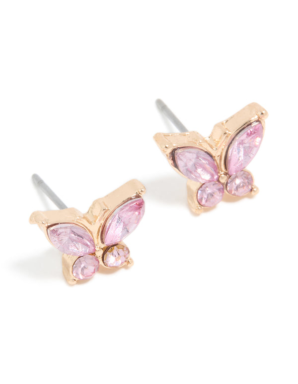 Gold Plated Pink Diamante Butterfly Stud Earrings
