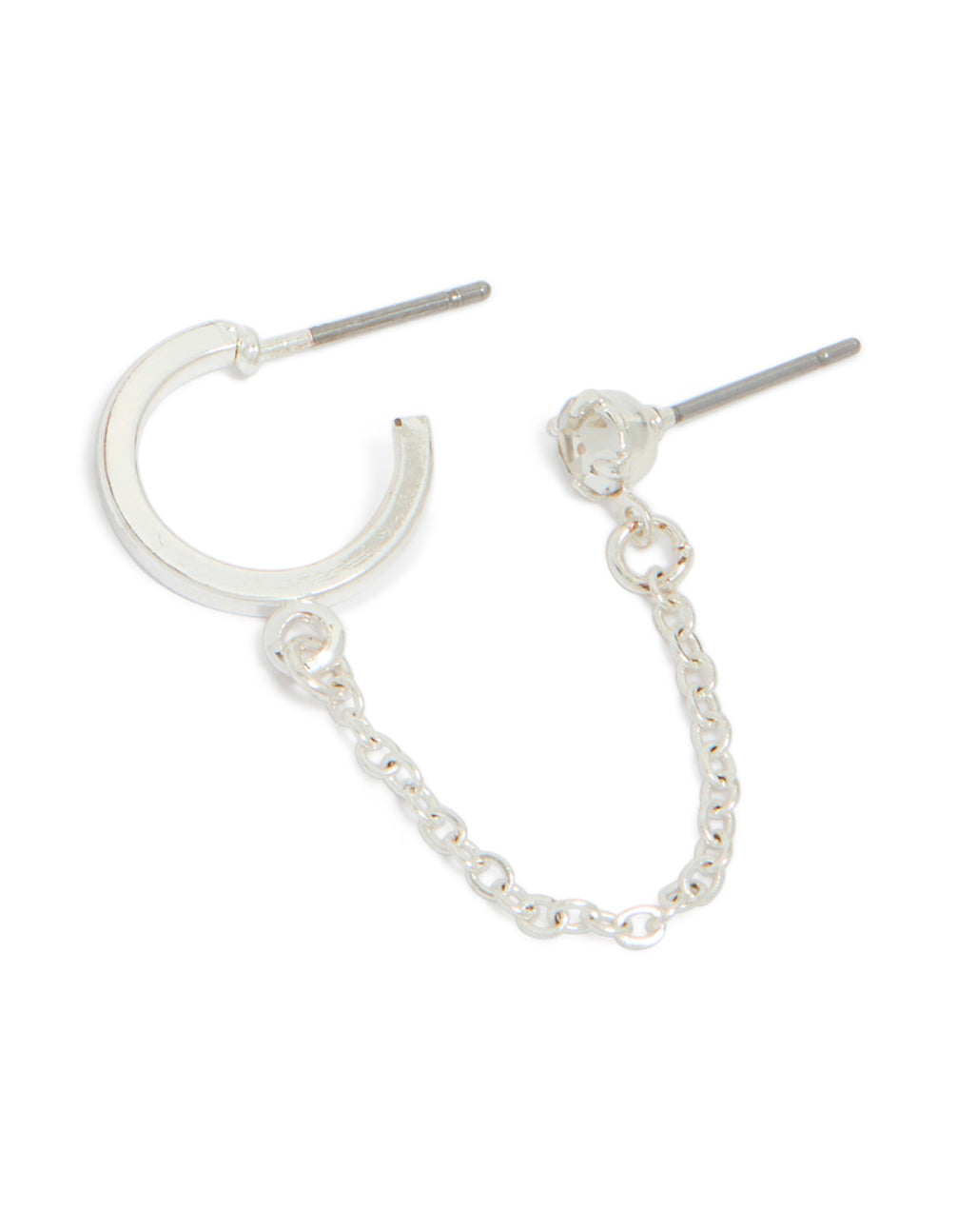 Showcasing silver diamante stud and hoop chain earring with delicate link connection front view