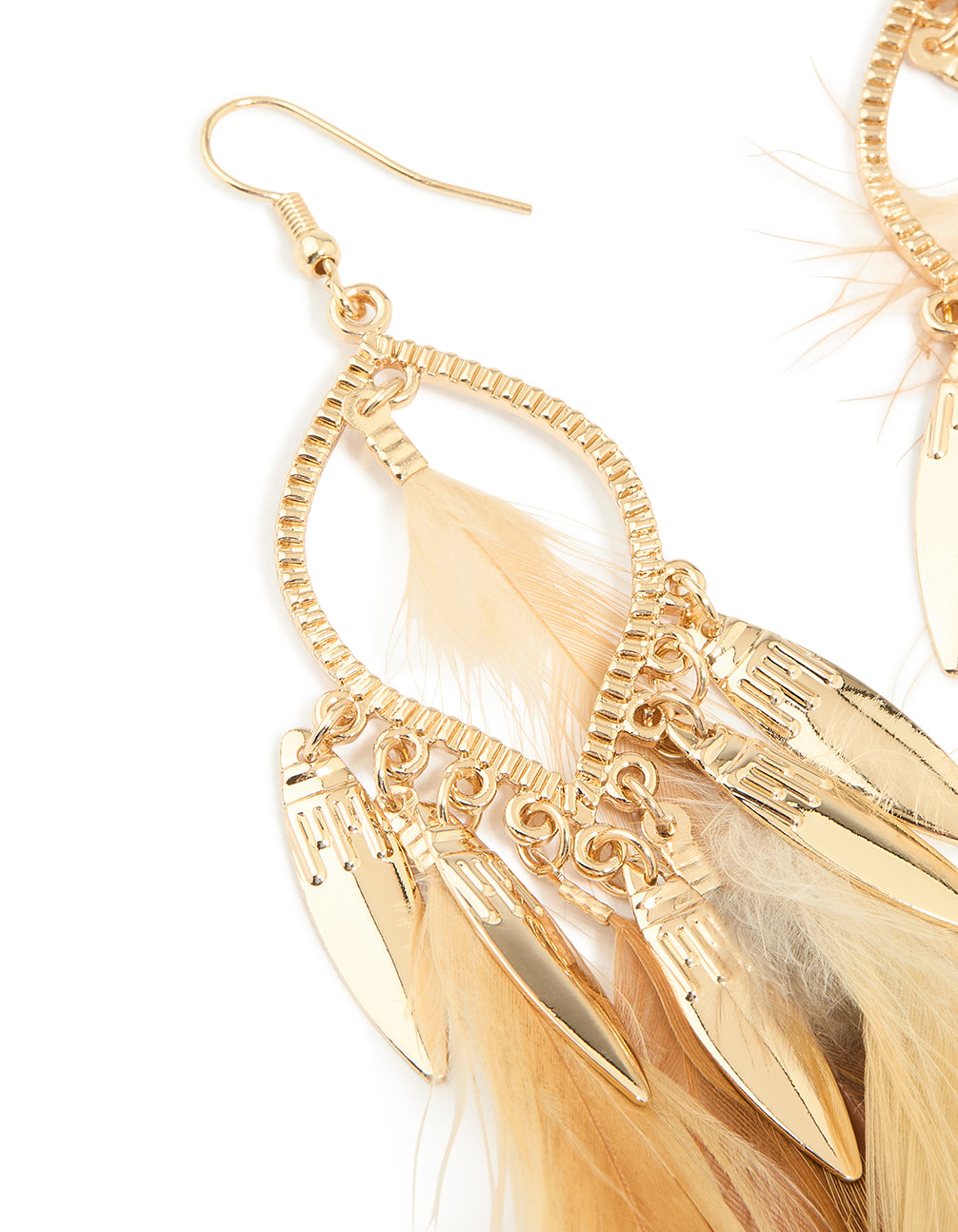 Gold Brown Feather Boho Fish Hook Earrings