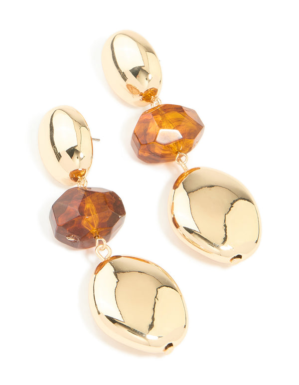 Gold Brown Beaded & Chunky Drop Earrings