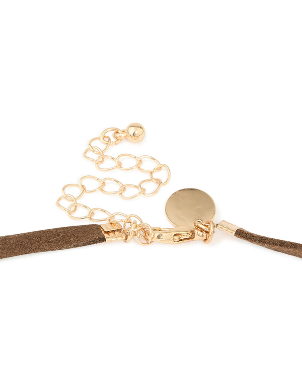 Gold Circle Pendant Brown Cord Necklace