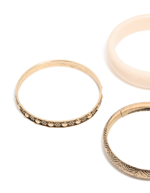 Antique Gold Textured & Acrylic Bangles 3-Pack