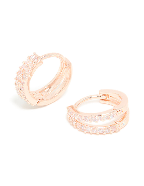 Rose Gold Plated Cubic Zirconia Split Huggie Earrings