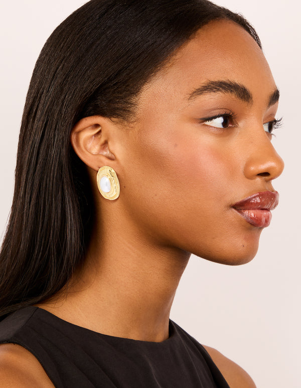 Gold Plated Pearl Molten Oval Earrings