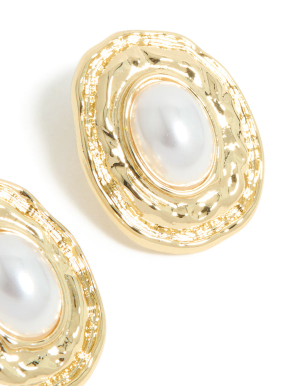 Gold Plated Pearl Molten Oval Earrings