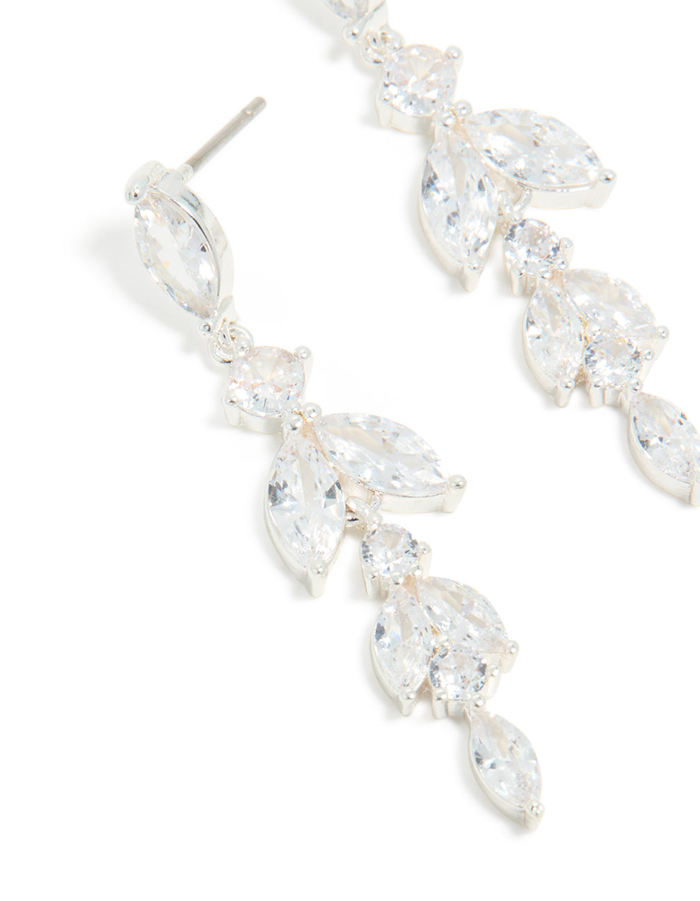 Designed with silver plated cubic zirconia vine medium drop earrings and leaf detailing close up view