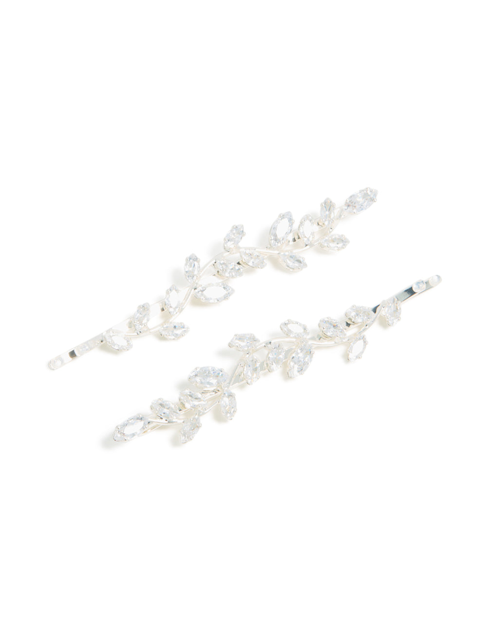 Showcasing leaf vine hair clips with cubic zirconia in a 2-pack, crafted from silver plated metal and dainty accessories front view