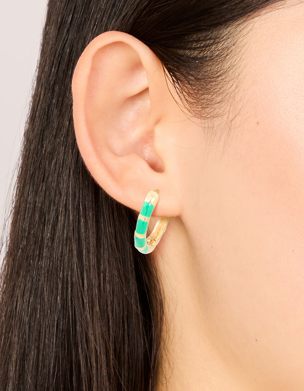 Waterproof Gold Plated Stainless Steel Bamboo Green Enamel Huggie Earrings