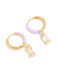 Waterproof Gold Plated Stainless Steel Purple Enamel Cubic Zirconia Charm Huggie Earrings - link has visual effect only