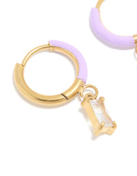 Waterproof Gold Plated Stainless Steel Purple Enamel Cubic Zirconia Charm Huggie Earrings - link has visual effect only