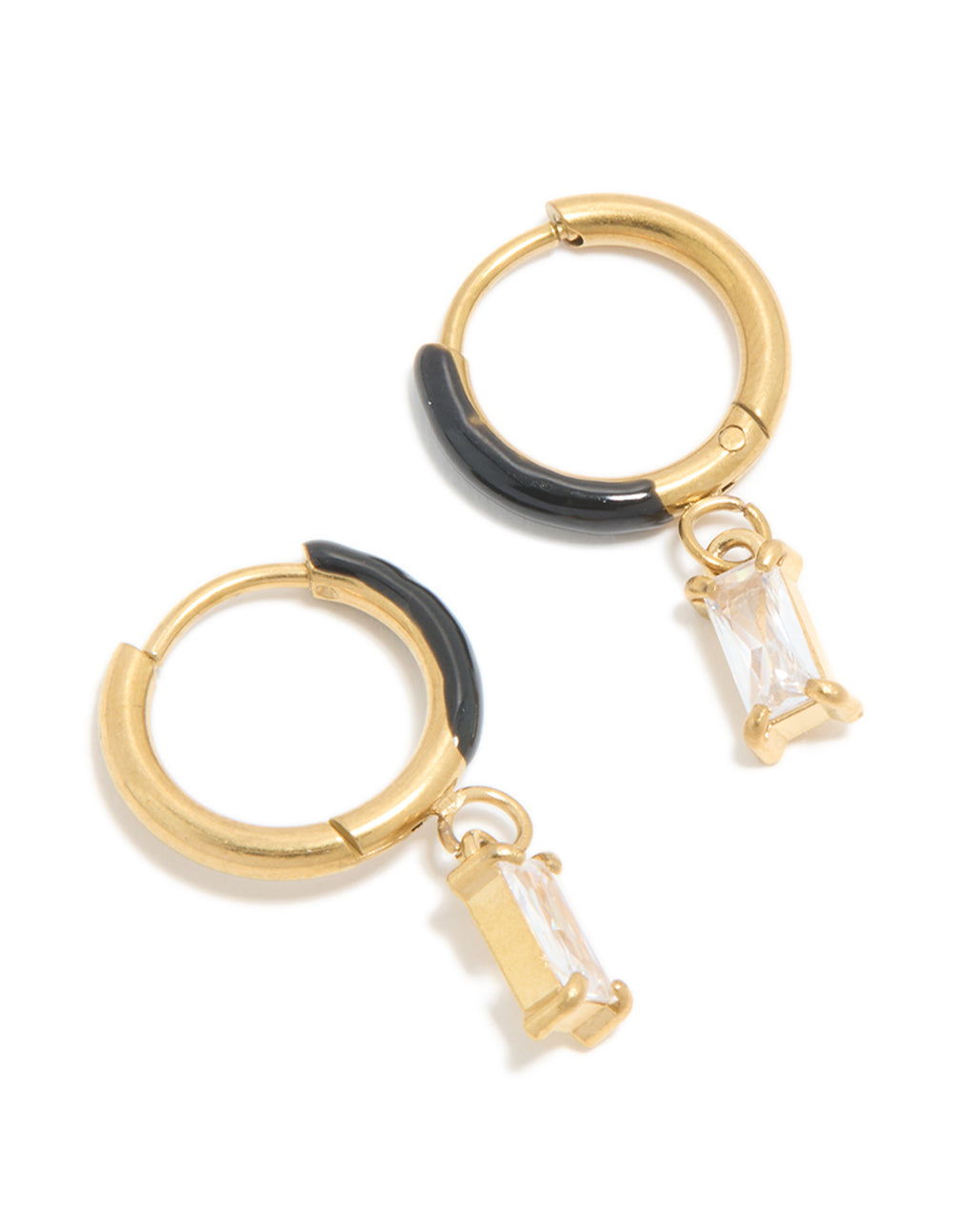 Featuring waterproof gold plated stainless steel black enamel cubic zirconia huggie earrings with charm in a statement style front view