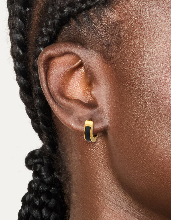 Waterproof Gold Plated Stainless Steel Small Black Enamel Inlay Huggie Earrings