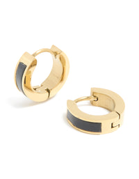 Waterproof Gold Plated Stainless Steel Small Black Enamel Inlay Huggie Earrings - link has visual effect only