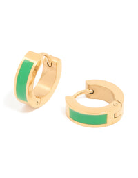 Waterproof Gold Plated Stainless Steel Small Green Enamel Inlay Huggie Earrings - link has visual effect only