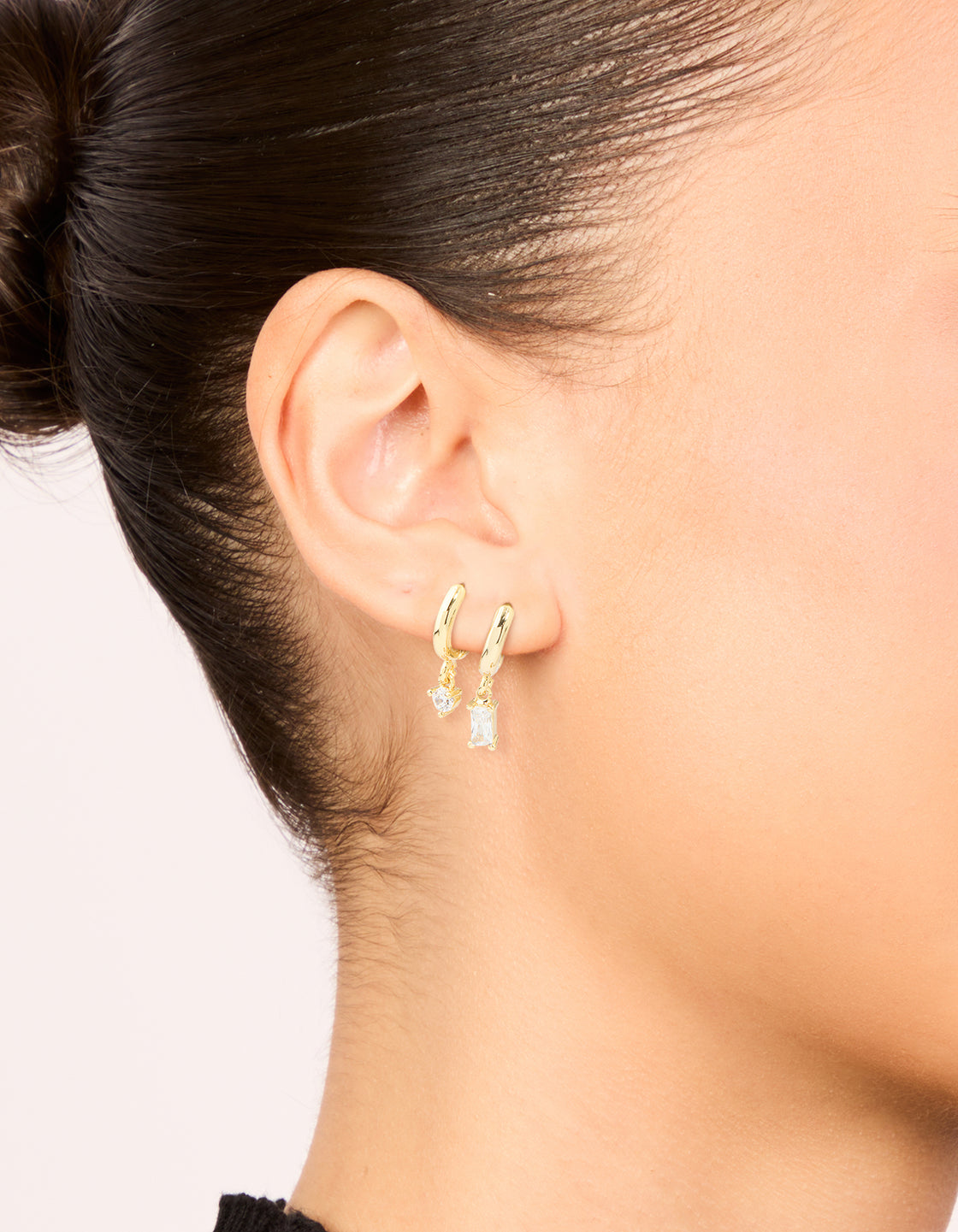 Gold Plated Brass Baguette Round Cubic Zirconia Huggie Earrings 2-Pack
