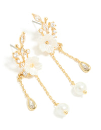 Gold Plated Cubic Zirconia Flower & Leaf Pearl Chain Drop Earrings - link has visual effect only