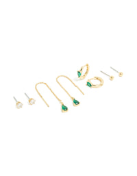 Gold Plated Emerald Cubic Zirconia Thread Through & Huggie Earrings 4-Pack - link has visual effect only