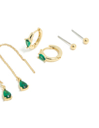 Gold Plated Emerald Cubic Zirconia Thread Through & Huggie Earrings 4-Pack - link has visual effect only