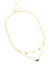 Gold Plated Emerald Cubic Zirconia Baguette & Droplets Layered Necklace - link has visual effect only