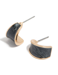 Showcasing curved shiny open hoop earrings in statement style with gold and black colors front view - link has visual effect only