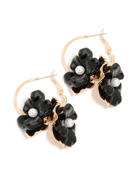 Gold Beaded Centre Double Black Flower Hoop Earrings - link has visual effect only