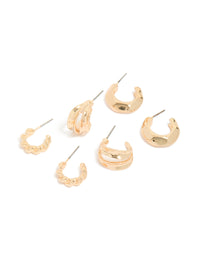 Showcasing dainty chunky earrings with textured huggie closure in gold, 3 pack front view - link has visual effect only