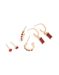 Discover this gold red diamante stud and hoop earrings 3-pack with mixed styles featuring closure options front view - link has visual effect only