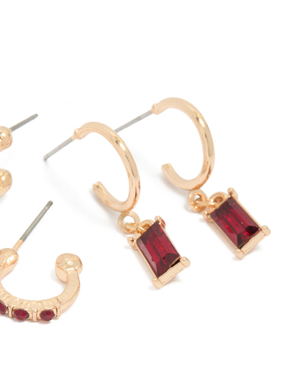 Featuring gold red diamante stud and hoop earrings 3-pack with rectangular gemstone on hoops detail view